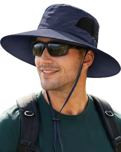 Sun Hats for Men Women UV Sun Protection Waterproof Wide Brim Bucket Hat - color: Navy Blue