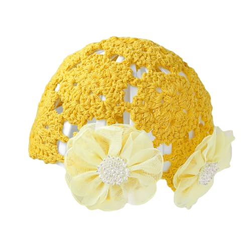 Crochet Hat Cap Cute Summer Beanies with Pearl Decor Boho Knit Mesh Hat - color: Yellow Flower