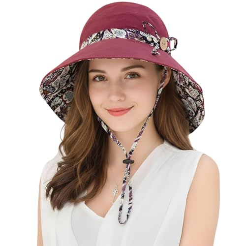Women Bohemian Reversible Sun Hat Wide Brim Fishing Hats - color: Lac001-winered