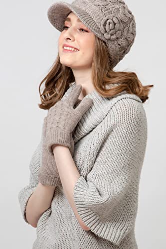 Womens Winter Elegant Cable Flower Knitted Newsboy Cabbie Cap Beret Beanie Hat with Visor, Warm Plush Fleece Lined - color: Dk. Beige Cable Flower-hat Gloves Set