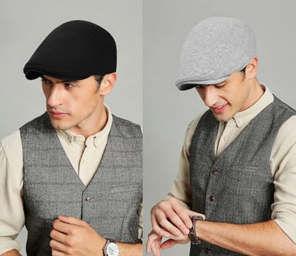 2 Pack Newsboy Cap for Men Women Flat Cap Beret Ivy Cabbie Hat - color: Black + Light Gray