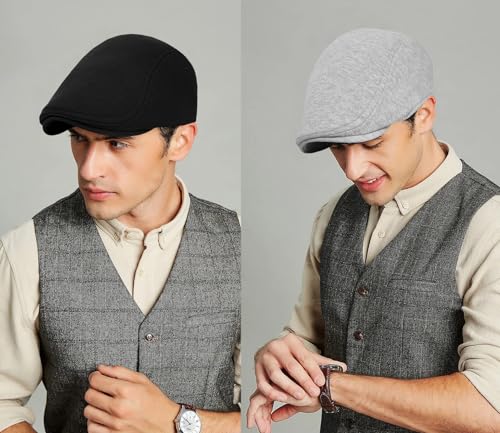 2 Pack Newsboy Cap for Men Women Flat Cap Beret Ivy Cabbie Hat - color: Black + Light Gray