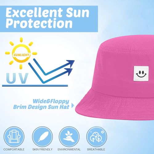 Kids Sun Hat Smile Face Bucket Hat for Girls Boys Summer Sun Protection Cotton Unisex Beach Cap - color: Pinky Purple