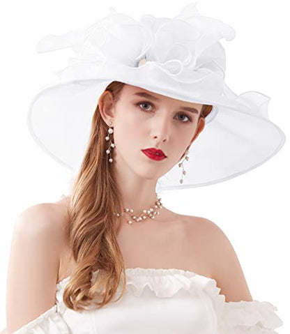 Women Derby Fascinator Hat Organza Church Wedding Hats Wide Brim Cocktail Tea Party Hat - color: 14 White