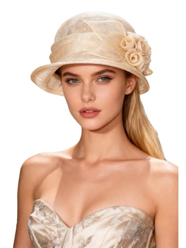 HIMESPORT Retro Sinamay Veil Flower Bride Wedding Fascinator Hat Feather Bowler Hat Hair Accessory Banquet Cocktail Party - color: Khaki