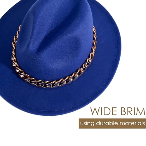 Men & Women Wide Brim Fedora Hat with Chain Buckle - color: Chain Belt-royal Blue
