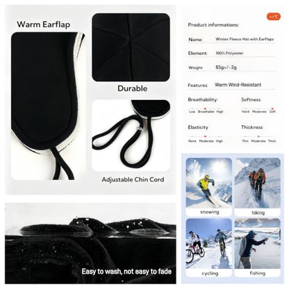 Mens Womens Warm Fleece Beanie Soft Winter Hat with Ear Flaps Windproof Ski Snow Cycling Skull Cap Helmet Liner - color: Black