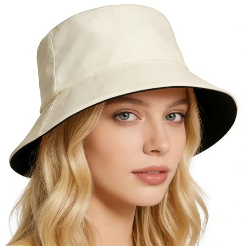 Bucket Hat for Men and Women 2-in-1 Reversible Sun Protection Fashion Flat Top Cap for Fishing Travel Beach Sports - color: Beige-black