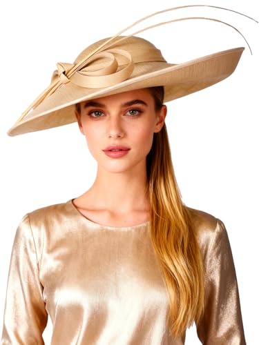 Big Wide Brim Fascinator Hats for Women Ladies Kentucky Tea Party Dress Flat Top Fedoras Hat with Bow Feather - color: Champagne