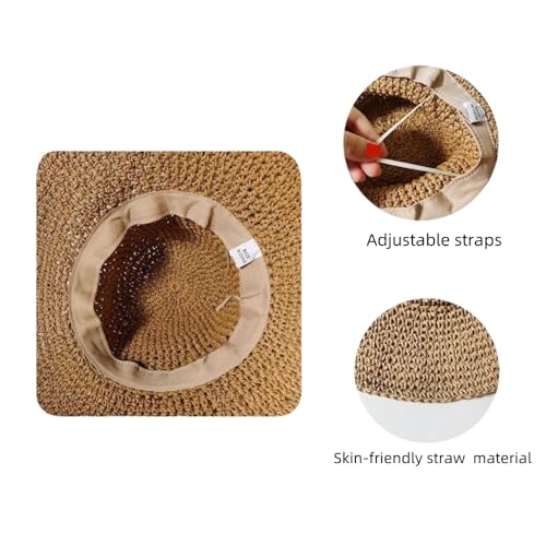 Womens Floppy Straw Sun Hat Packable Wide Brim Summer Beach Hat Foldable Crochet Bucket Hats - color: Khaki 1