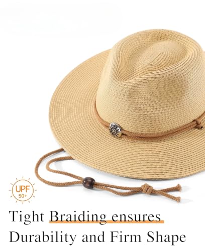 Home Prefer UPF50+ Men's Wide Brim Straw Fedora Sun Hat with Badge Lanyard - color: Natural