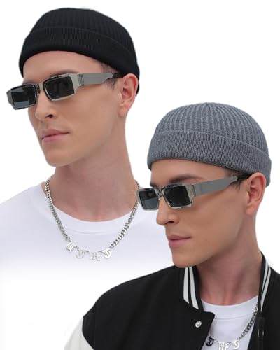 ROYBENS Thin Swag Wool Short Fisherman Beanie for Men Women Knit Winter Hat - color: 2pcs-black+gray