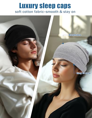 Cotton Skull Caps Lightweight Summer Beanie Hat Thin Sleep Sleeping Hats Chemo Caps Running Helmet Liner - color: Black & Grey