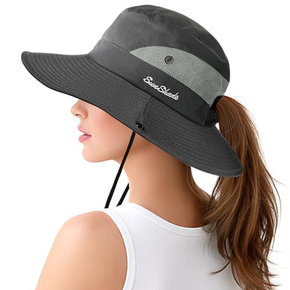 Womens Sun Hat with Ponytail Hole, UV Protection Foldable Beach Fishing Hat - color: Grey