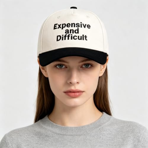 Funny Embroidered Trucker Hat, Vintage Two-Tone Cotton Baseball Cap for Men Women, Adjustable Dad Hat Gift Idea - color: Expensive and Difficult, Black/Beige