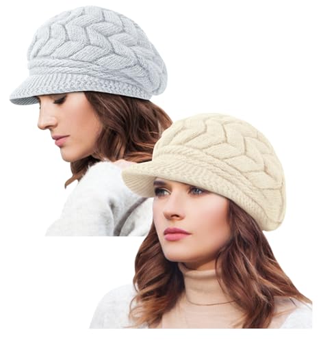 YSense 2 Pack Womens Winter Hats Warm Knit Beanie with Visor - color: Light Grey Beige
