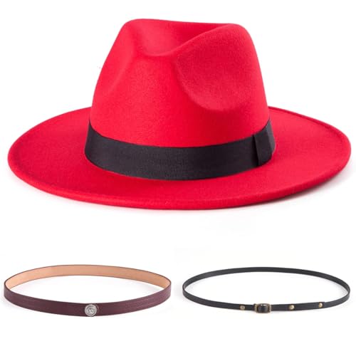 Felt Wide Brim Fedora Hats for Women Men, with Band Belt Buckle, Adjustable - color: P03 Red