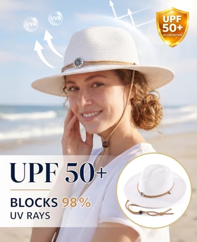 Home Prefer UPF50+ Men's Wide Brim Straw Fedora Sun Hat with Badge Lanyard - color: Ivory