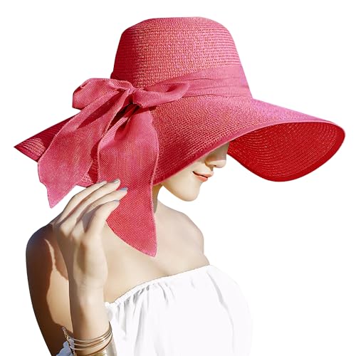 Lanzom Womens 5.7 Inches Big Bowknot Straw Hat Large Floppy Foldable Roll up Beach Cap Sun Hat UPF 50+ - color: Red