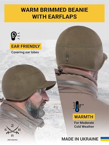 2SBR 2SABERS Fleece Winter Beanie with Visor - Men Women - Earflap Brim Skull Watch Cap Hat - color: Olive Green, size: Large