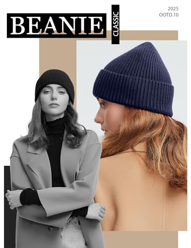 vidsel 50% Wool Thick Beanie Hat Men Women, Seamless Cuffed Winter Knit Cap - color: 2pcs Black, Navy Blue