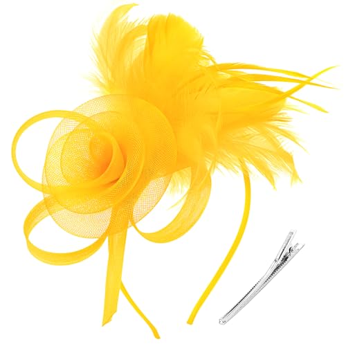DRESHOW Fascinators Hats for Women Tulle Feather Tea Party Fascinator Hats - color: Bright Yellow