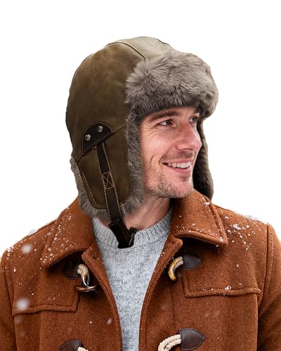Clakllie Waterproof PU Leather Trapper Hats Faux Fur Trooper Hat Winter Hunting Hats Snow Eskimo Hat Ushanka Russian Hats - color: Cdus-pl2508-olive Brown