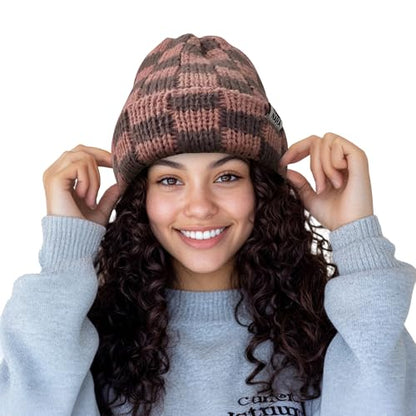 CLAPE Womens Cute Slouchy Beanies Hats, Winter Warm Chunky Checkered Beanie Large Cuff Knitted Hat Ski Cap for Cold Weather - color: Kh56-pink