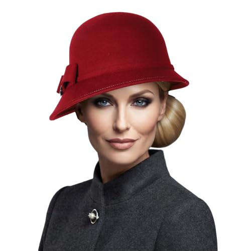 Women Solid Color 100% Wool Winter Hat Women Cloche Bucket Bowler with Bowknot - color: Burgundy