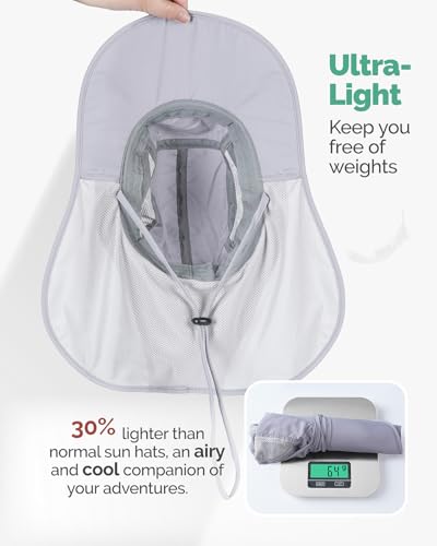 Hat Hut Ultra-Light Sun Hat with Neckflap, UPF 50+, Wide Brim, Breathable Outdoor Hiking Fishing Hats for Men - color: Light Grey