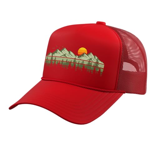 Trees Landscape Mountains Vintage Forest Trucker Hat with Adjustable Mesh Back - color: Red