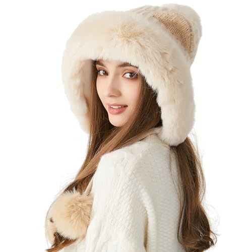 HUAMULAN Women Winter Sherpa Beanie Hats Knit Ear Flaps Fleece Lined - color: Beige