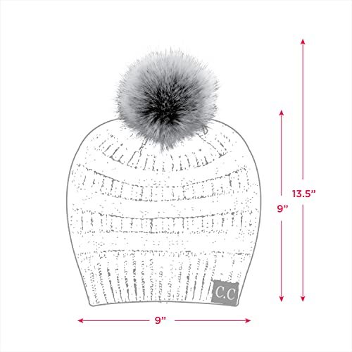 C.C Fur Pom Winter Fall Trendy Chunky Stretchy Cable Knit Beanie Hat - color: Snuggly Soft Lt. Gray Mix