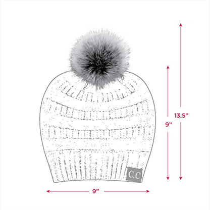 C.C Fur Pom Winter Fall Trendy Chunky Stretchy Cable Knit Beanie Hat - color: Snuggly Soft Dk. Gray