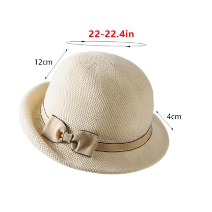Women Beach Cloche Sun Bucket Hat Rolled Church Hat Folded Shipping - color: Bowknot/Beige