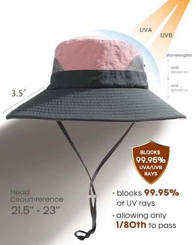FURTALK Womens Sun Hat with Ponytail Hole Beach Hiking Summer Wide Brim UPF 50+ Outdoor Protection Foldable Bucket Hat - color: Pink-grey