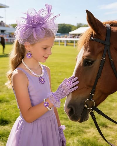 Girls Tea Party Fascinators Hats Girls Church Hats 20s 50s Pillbox Hat Cocktail Mesh Flower Pearl Feather Headband - color: Purple