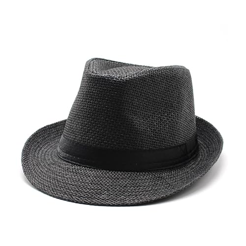 Straw Fedora Hat for Men Panama Hat Short Brim Summer Sun Hat - color: Black Belt-black