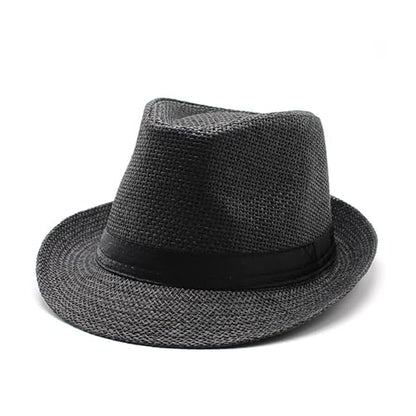 Straw Fedora Hat for Men Panama Hat Short Brim Summer Sun Hat - color: Black Belt-black
