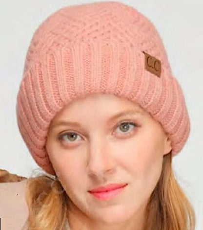 C.C Unisex Chunky Soft Stretch Cable Knit Warm Fuzzy Lined Skully Beanie - color: Cuffed Dark Rose