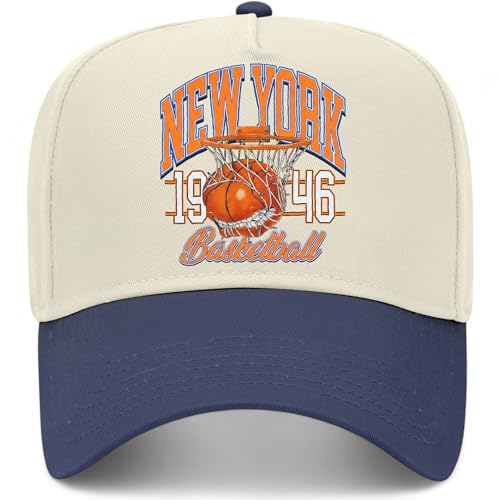 New York Hoops Bite Hat | Premium Adjustable Snapback Baseball Trucker Hats for Men & Women - color: Navy/Natural