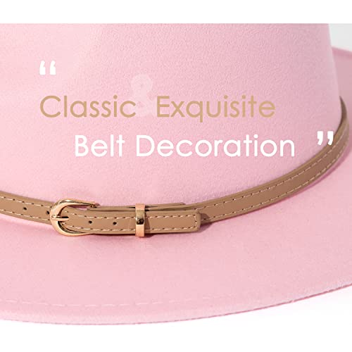 Lisianthus Women Classic Felt Fedora Wide Brim Hat with Belt Buckle - color: Pink