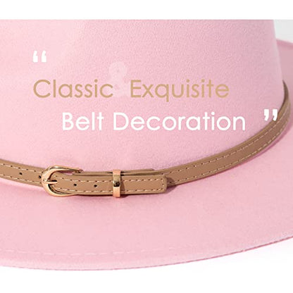 Lisianthus Women Classic Felt Fedora Wide Brim Hat with Belt Buckle - color: Pink