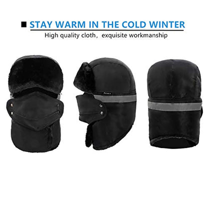 Camouflage Winter Bomber Trapper Hats Ushanka -Men Women Russian Trooper Ear Flaps Ski Snow Cold Weather Fur Mens Caps - color: Black