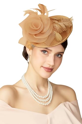 BABEYOND Fascinators Hats for Women Tea Party Mesh Flower Pillbox Derby Hat - color: Champagne Gold