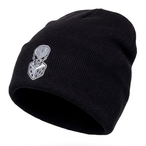 TOP HEADWEAR Skull Beanie Short Knit Cuffless Winter Hat Embroidered Skulls - color: Black 8 Dice