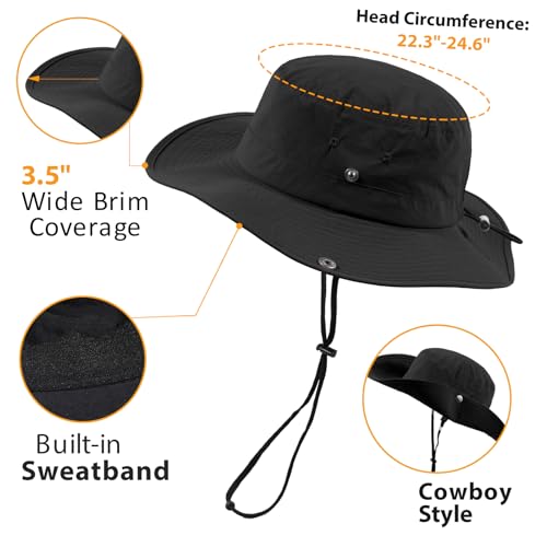 Wide Brim Waterproof Bucket Rain Hat for Women Men UPF50+ Cowboy Sun Hat - color: Ponytail Black