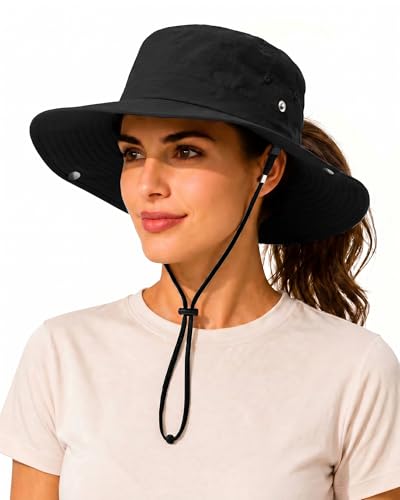 Wide Brim Waterproof Bucket Rain Hat for Women Men UPF50+ Cowboy Sun Hat - color: Ponytail Black