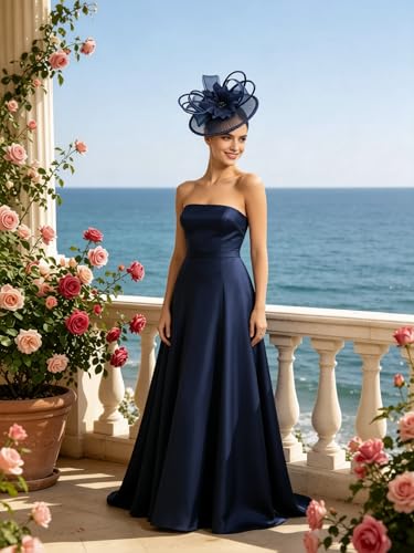 SAFERIN Elegant Women's Fascinator Hat with Veil and Feather Hair Clip Headpiece for Weddings Tea Party - color: St59-navy