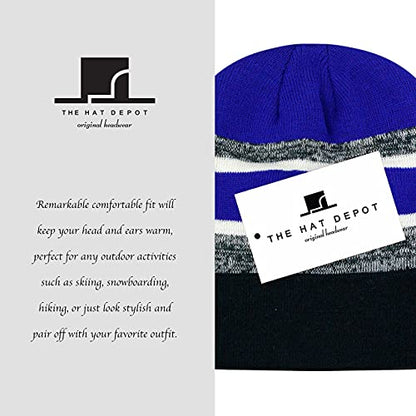Winter Knit Beanie Hat with Pom Pom – Warm Cuffed Slouch Ski Cap for Men & Women - color: 2.black and Royal